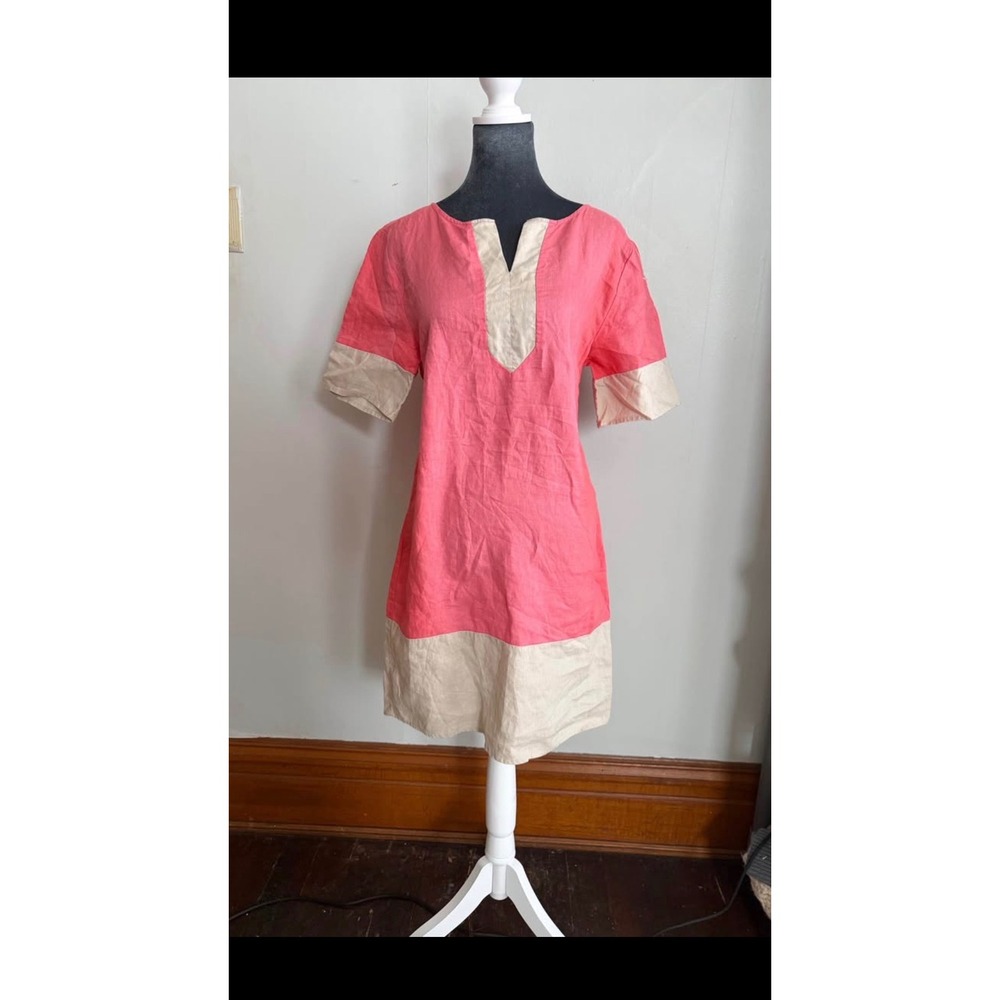 Pink Beige 100% Linen Colorblock Shift Dress XS Lagenlook Beachy coastal